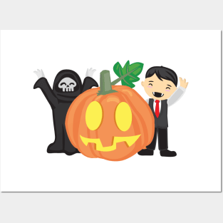 Cute halloween gift of two smiling trick or treats kids with a giant pumpkin Posters and Art